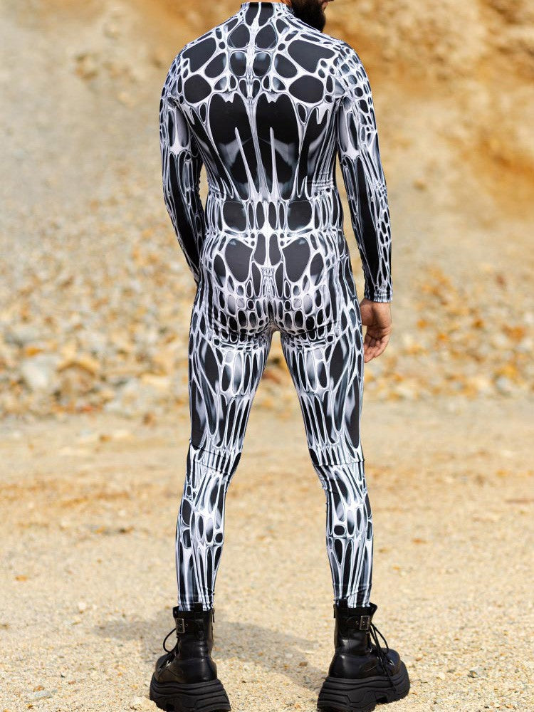 Unisex Sexy Black White Graphic Print Jumpsuit Halloween Line Art Muscle Cosplay Bodysuit Holiday Party Zentai Suit Rave Catsuit