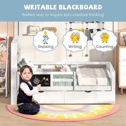 Twin Bed with 2 Storage Drawers, Solid Wood Kids Bed Frame w/Bookcase Headboard & Blackboard, Full-Length Guardrails & W