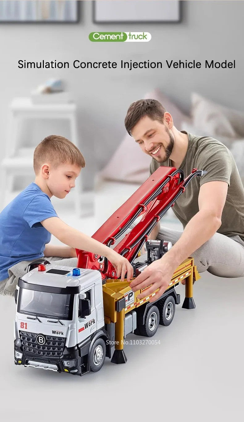 Caminhão de Bomba de Cimento com Reboque de Plataforma Elétrica 1:24, Brinquedos de Modelo, Carro de Liga Fundida, Portas Abríveis, Luz e Som, Veículo Presente para Menino