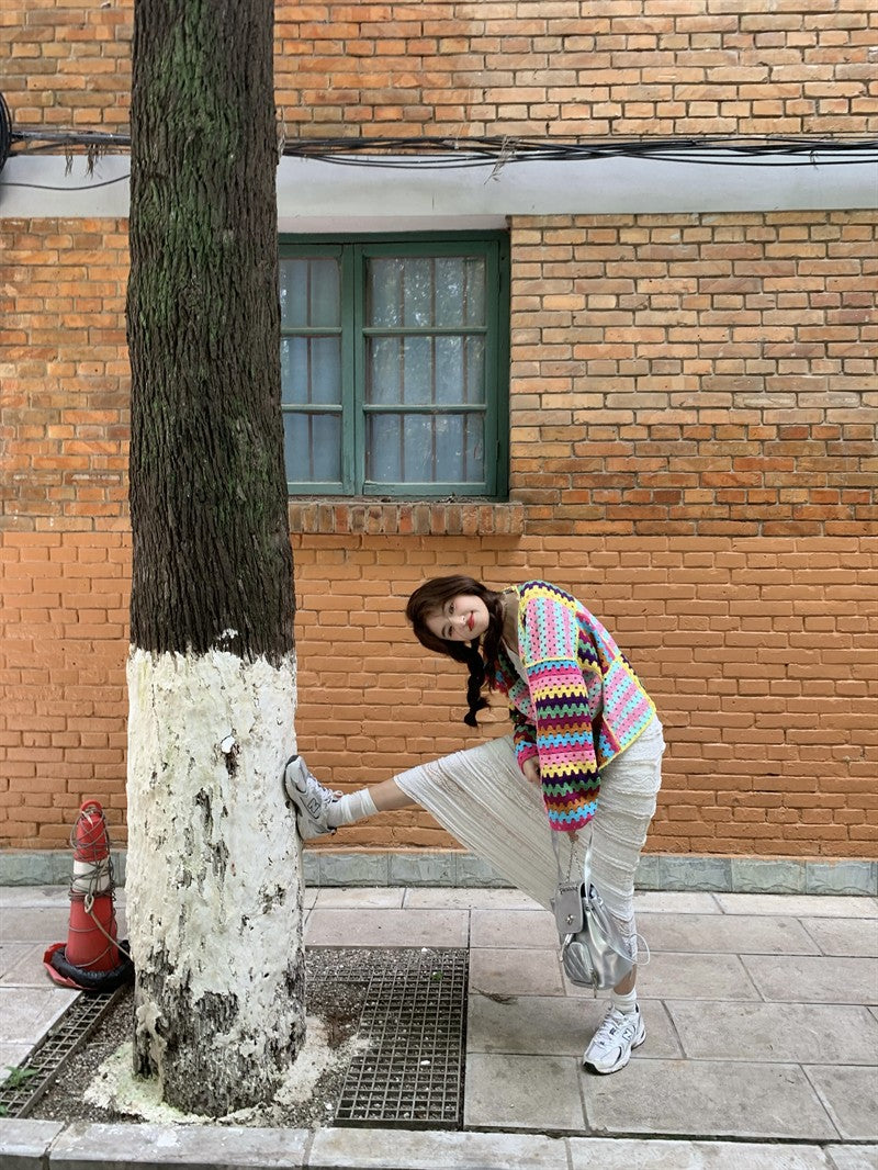 SALIENCY Colorful Crochet Knit Hollow Cardigan Sweater Jacket Women Spring Top Loose Short Knitwear