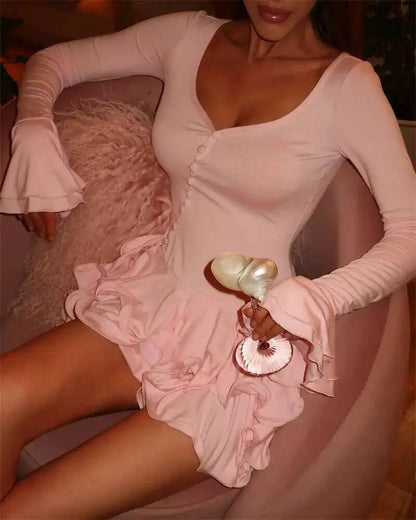 Blifanbo Flare Sleeve Ruffle Sexy V Neck Mini Dress Women Robe Irregular Single-