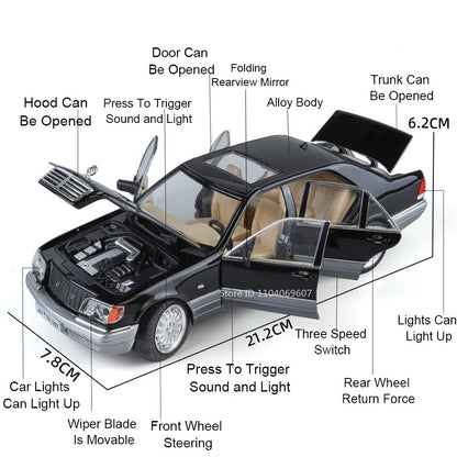 1:24 W140 Miniatura de Brinquedo Modelos de Carro Liga Fundido Som Luz 6 Portas Abertas Puxar para Trás Pneus de Borracha Modelos de Veículos para Meninos Presentes
