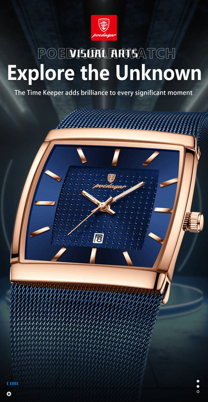 POEDAGAR Top Luxury Men Watch Stainless Steel Mesh Date Waterproof Luminous Man Wristwatch Casual Rectangle Quartz Men's Watches