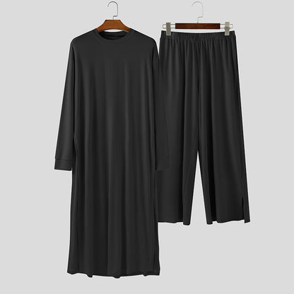 INCERUN Men Sets Solid Color Long Sleeve Long Style T Shirt & Pants Two Pieces Sets Loose Streetwear Fashion Casual Men Suits