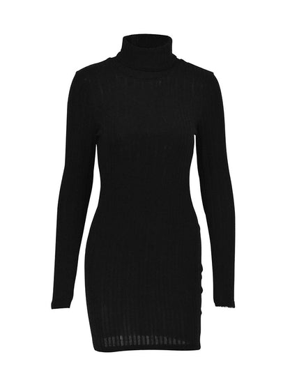 New Sexy Mini Dress For Women Autumn Black Solid Turtleneck Long Sleeves Sheath