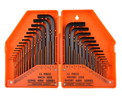 30 Peças Chave Allen Sextavada 0.028"- 3/8" Polegadas & 0.7mm-10mm Tamanho Métrico Aço Cromo-vanádio Chave Ferramenta Braço Longo Conjunto