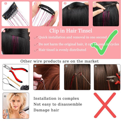 6/12 peças de tic-tac de cabelo sintético, peça única, extensões de cabelo com brilho feminino, kit de enfeites de cabelo, peruca brilhante resistente ao calor