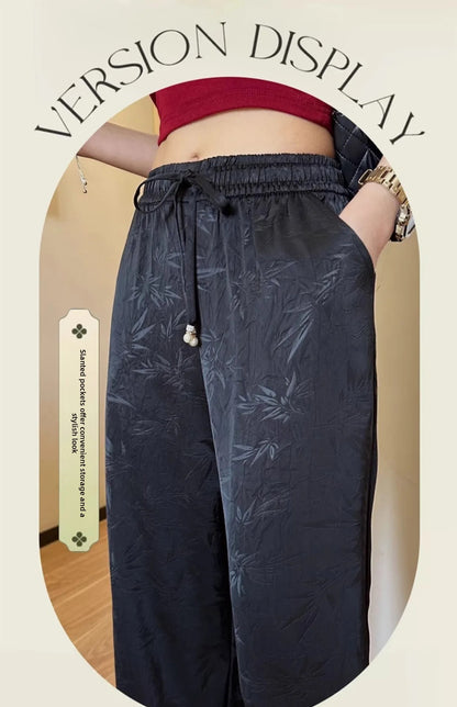 Plus Size Acetate Wide Leg Pants Women's Spring Autumn National Style Print High Waist Slimming Drapey Cool Large Size Women'...