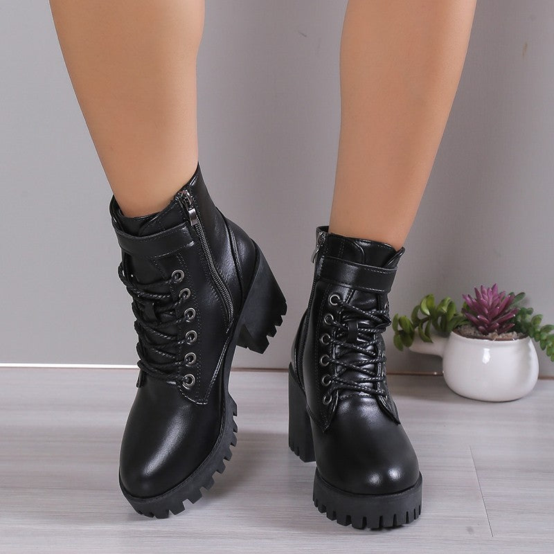 Winter New Fashion Comfortable Elegant Square with Women's Shoes Side Zipper Round Head Solid Color Simple Thick Heel Boots