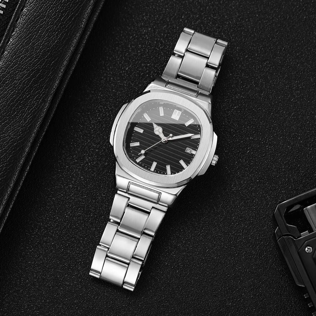 Fashion Square Men Business Watches Stainless Steel Strap Calendar Quartz Wristwatch Mens Clock Reloj Hombre?Without Box?
