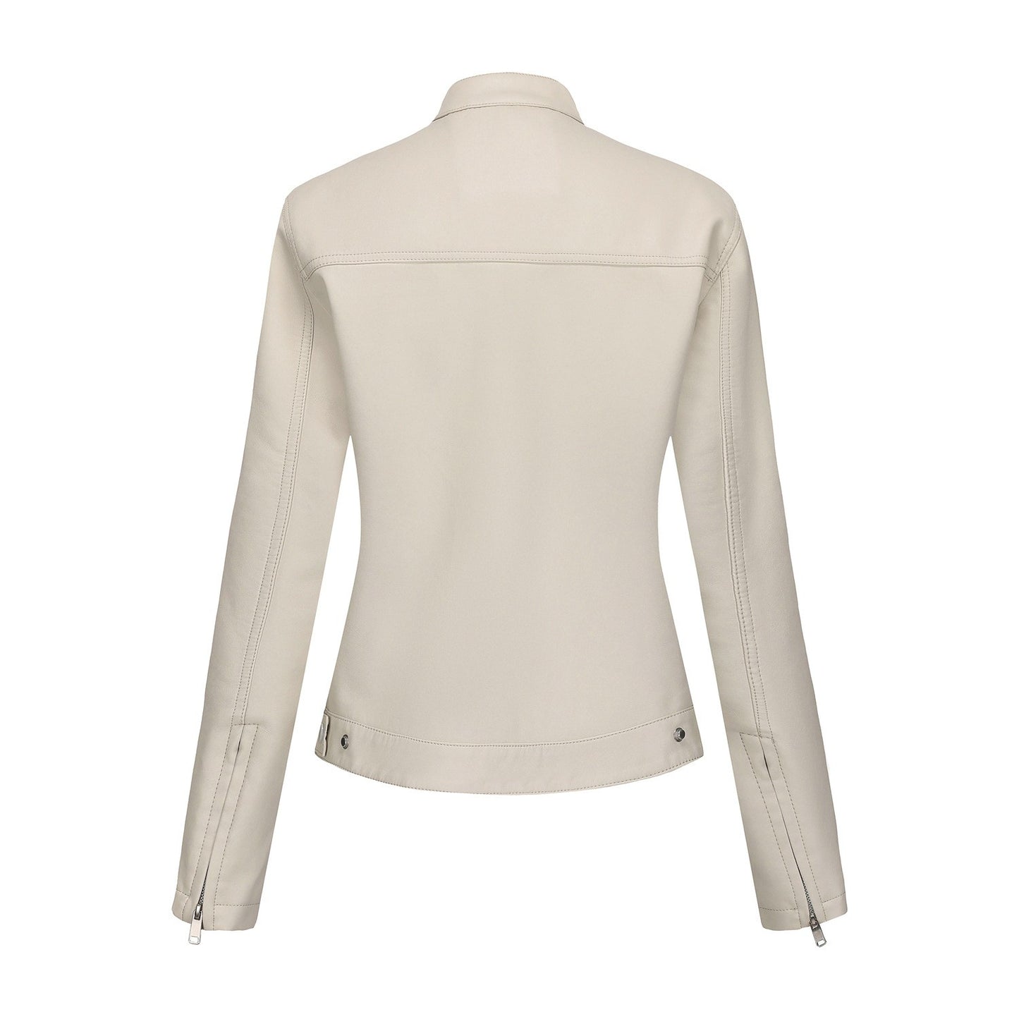 Black Women's Fitted Leather Jacket with Front Zipper & Side Pockets?, Available in Brown, Navy Blue, and Beige.