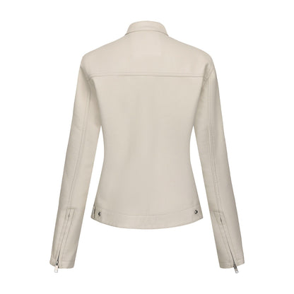 Black Women's Fitted Leather Jacket with Front Zipper & Side Pockets?, Available in Brown, Navy Blue, and Beige.