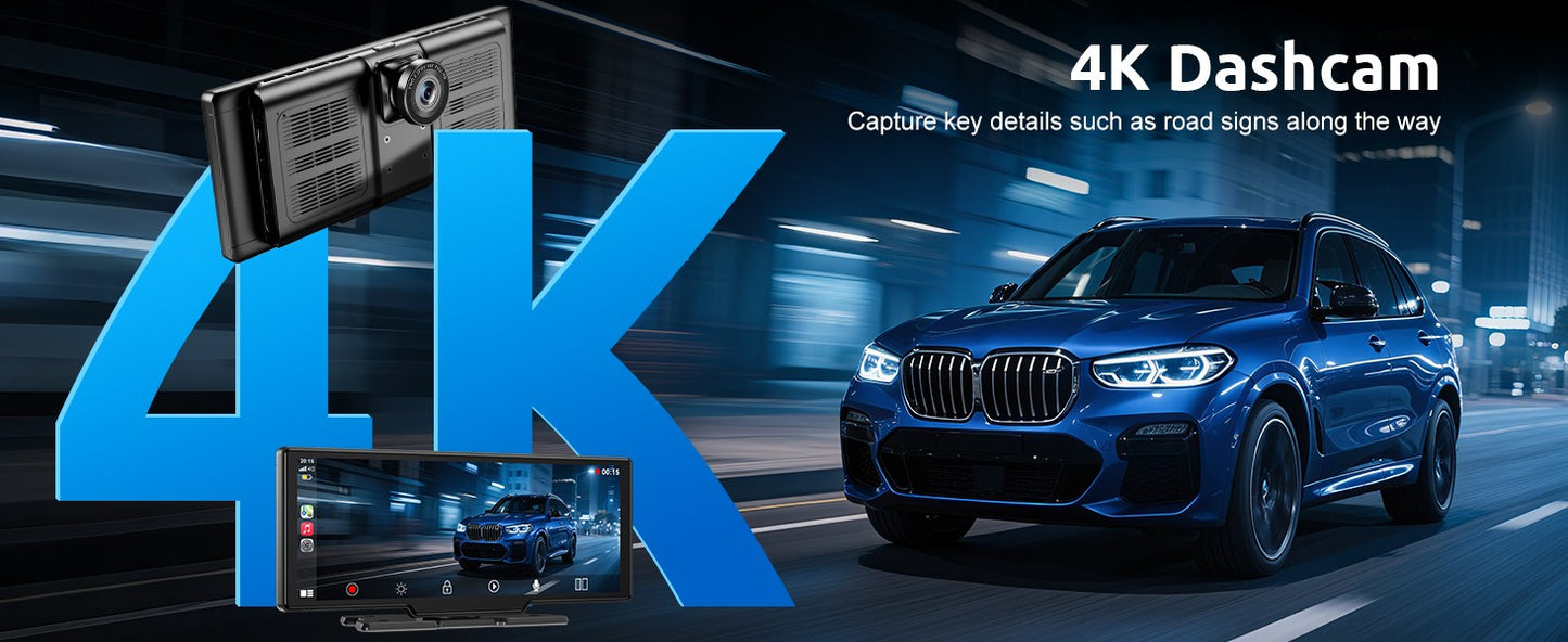 10.26" 4K 64GB Dash Cam Touch Screen Car Stereo Rearview Wireless Apple Carplay Android Auto Dual Len Recorder Dashboard