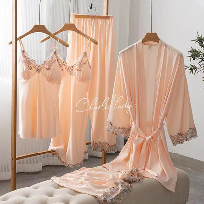 Women's Ice Silk Nightgown Set - Spring/Fall Long-Sleeve Robe Sexy Pure Desire Style with Padded Strapless Nightdress and Pants