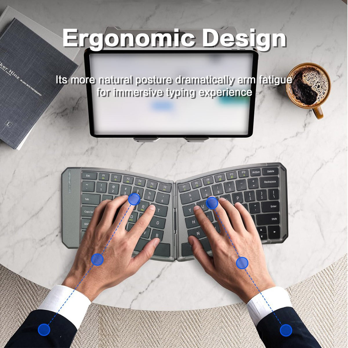 Teclado Bluetooth Dobrável Ergonômico, Teclado Portátil Compacto Dividido para Viagens de Negócios, Teclado Sem Fio Recarregável Dobrável