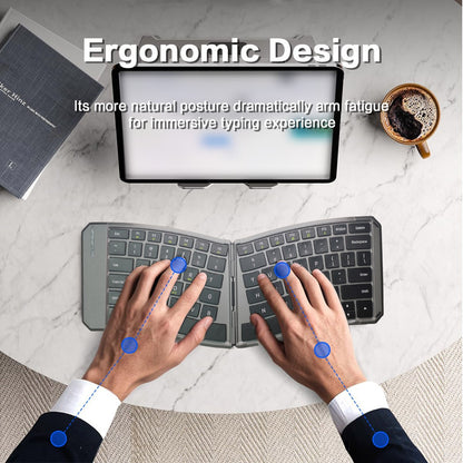 Teclado Bluetooth Dobrável Ergonômico, Teclado Portátil Compacto Dividido para Viagens de Negócios, Teclado Sem Fio Recarregável Dobrável
