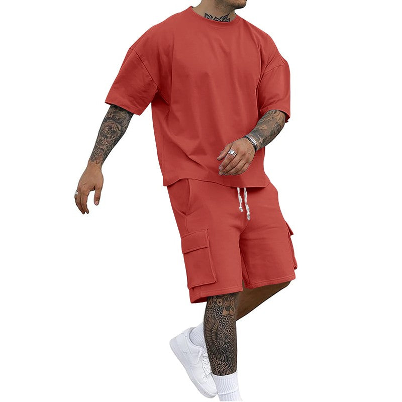 Summer new men's round neck short sleeve T-shirt shirt shorts two-piece suit loose large size ice
