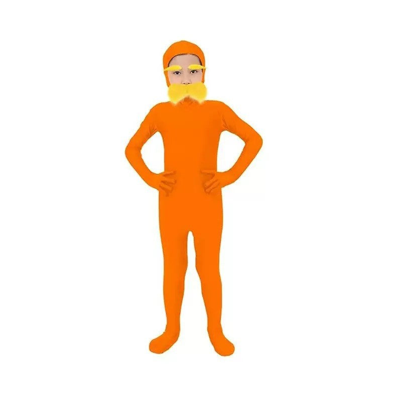 Halloween Orange Zentai Suit Open Face Full Body Bodysuit with Yellow Mustache Eyebrow for Adult Kid Cosplay Party Costume