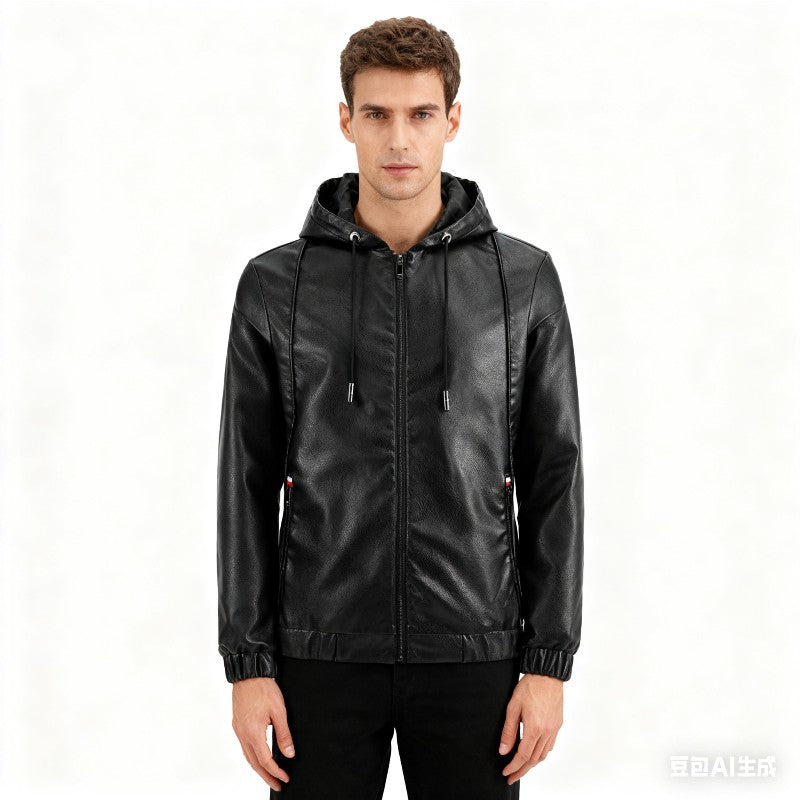 2025 Trending Men's Leather Jacket, Hooded Slim Fit Korean Style Biker Casual Coat