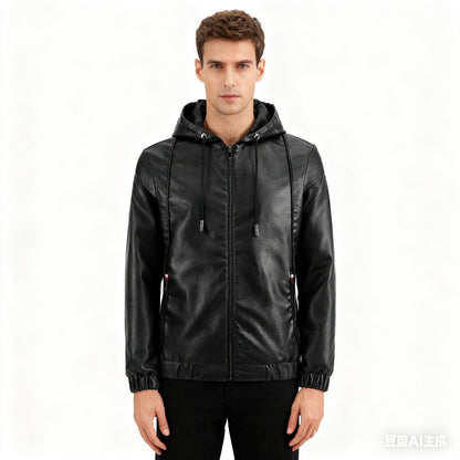 2025 Trending Men's Leather Jacket, Hooded Slim Fit Korean Style Biker Casual Coat
