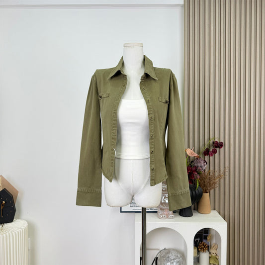 Vintage Distressed Denim Shirt Women's Top Shoulder Flip Collar Long Sleeve V-neck Coat Autumn Initial Old Money Style