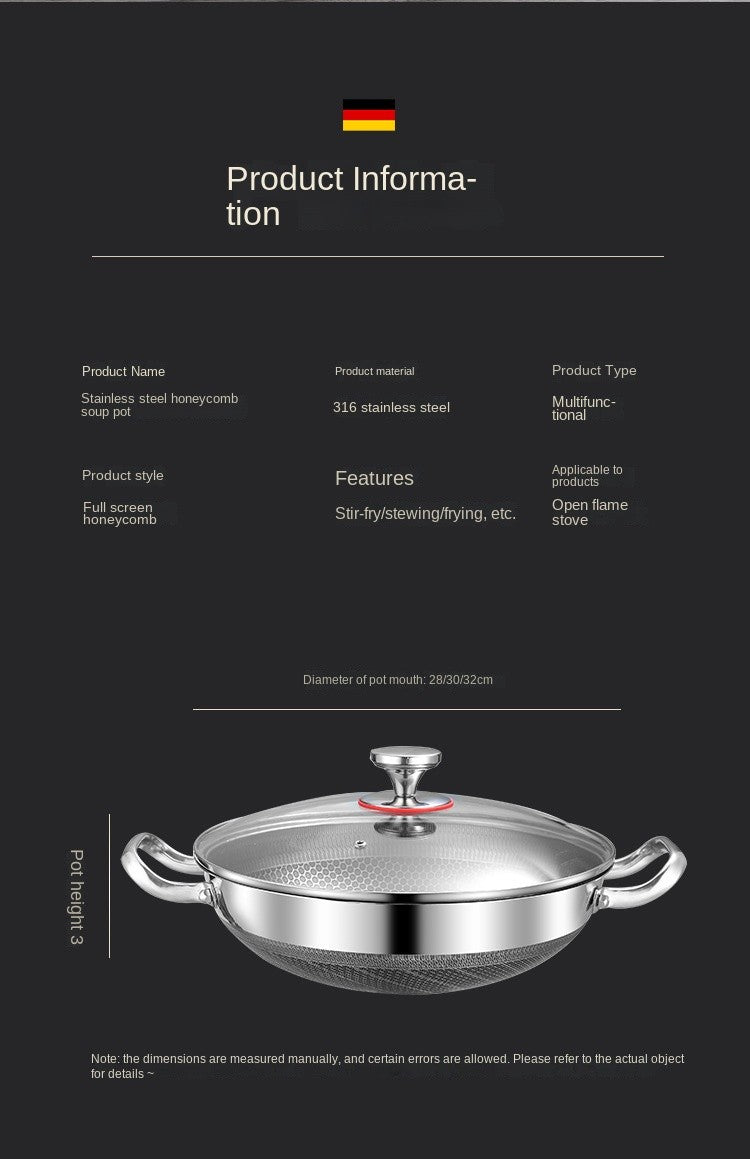 32cm Panela de Fritura em Aço Inoxidável 304, Antiaderente de Grau Alimentício, Fundo de Panela Tipo Colmeia, Panela Wok de Uso Geral para Fogão a Gás e de Indução