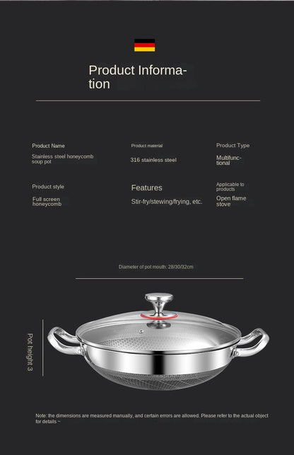 32cm Panela de Fritura em Aço Inoxidável 304, Antiaderente de Grau Alimentício, Fundo de Panela Tipo Colmeia, Panela Wok de Uso Geral para Fogão a Gás e de Indução