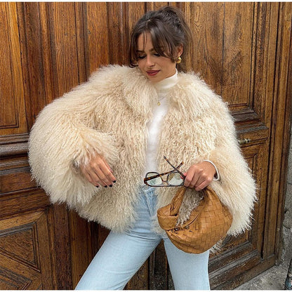 Solid Fashion Fake Fur Coat Women Chic Fluffy Warm Long Sleeve Loose Short Jacket Luxury 2025 Winter Lady Daily Street Outerwear