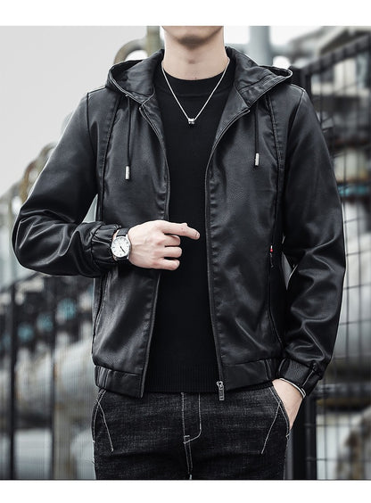 2025 Trending Men's Leather Jacket, Hooded Slim Fit Korean Style Biker Casual Coat