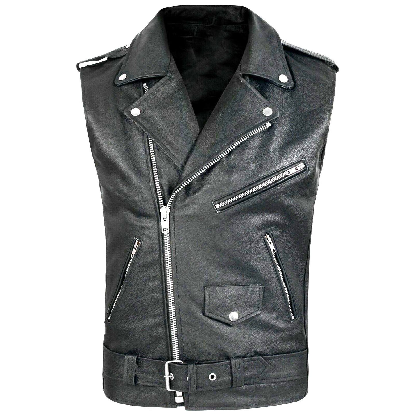 Black Color M-4xl Sizes Men's Sleeveless PU Leather Vest Style Motorcycle Jacket with Pockets Zipper Men Coats
