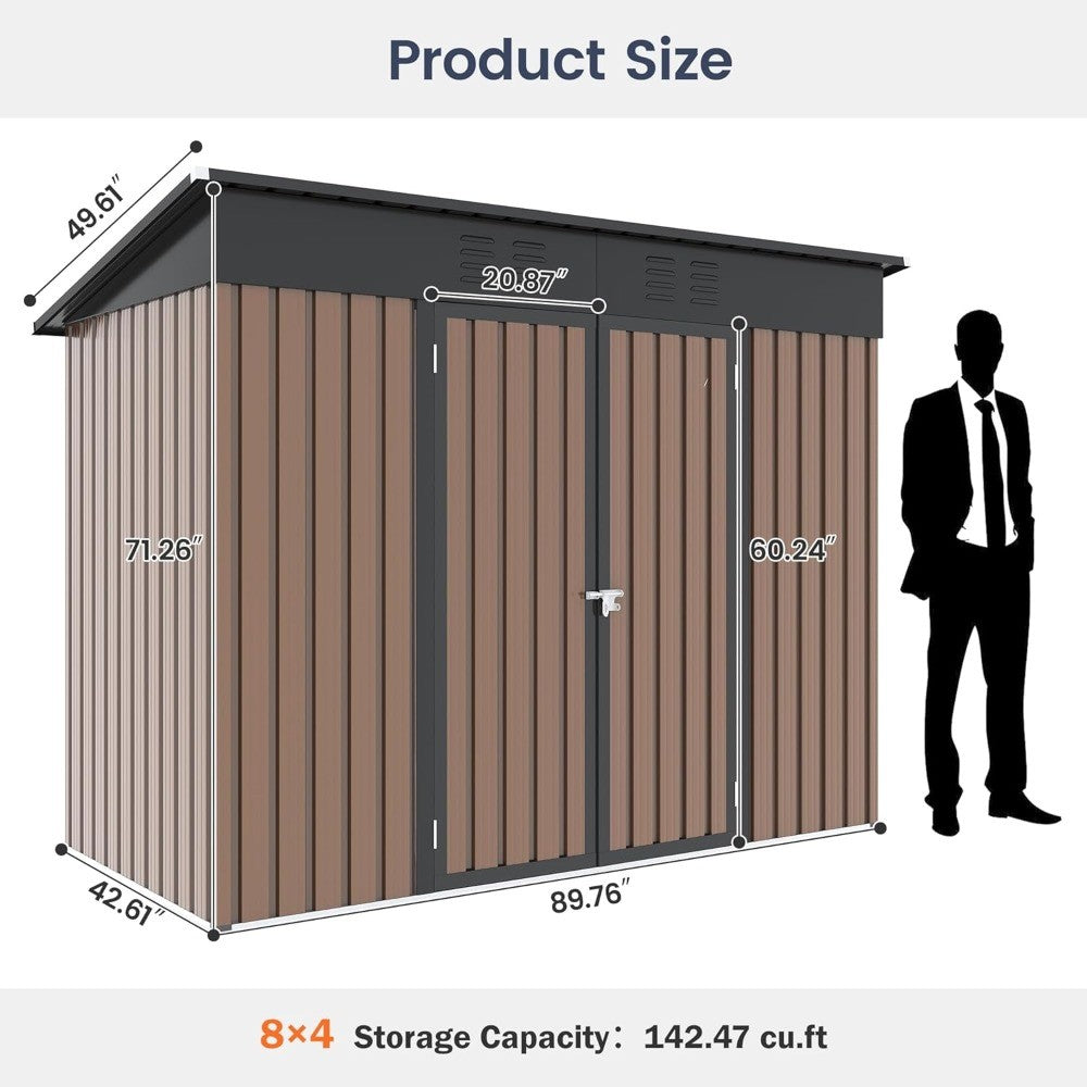 Outdoor Storage Shed 8x4 FT, Outside Sheds & Outdoor Storage Metal Galvanized Steel Yard, Patio, Lawn, Tool Shed with Lockable