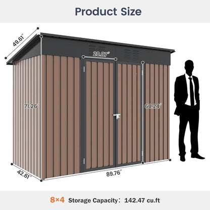 Outdoor Storage Shed 8x4 FT, Outside Sheds & Outdoor Storage Metal Galvanized Steel Yard, Patio, Lawn, Tool Shed with Lockable
