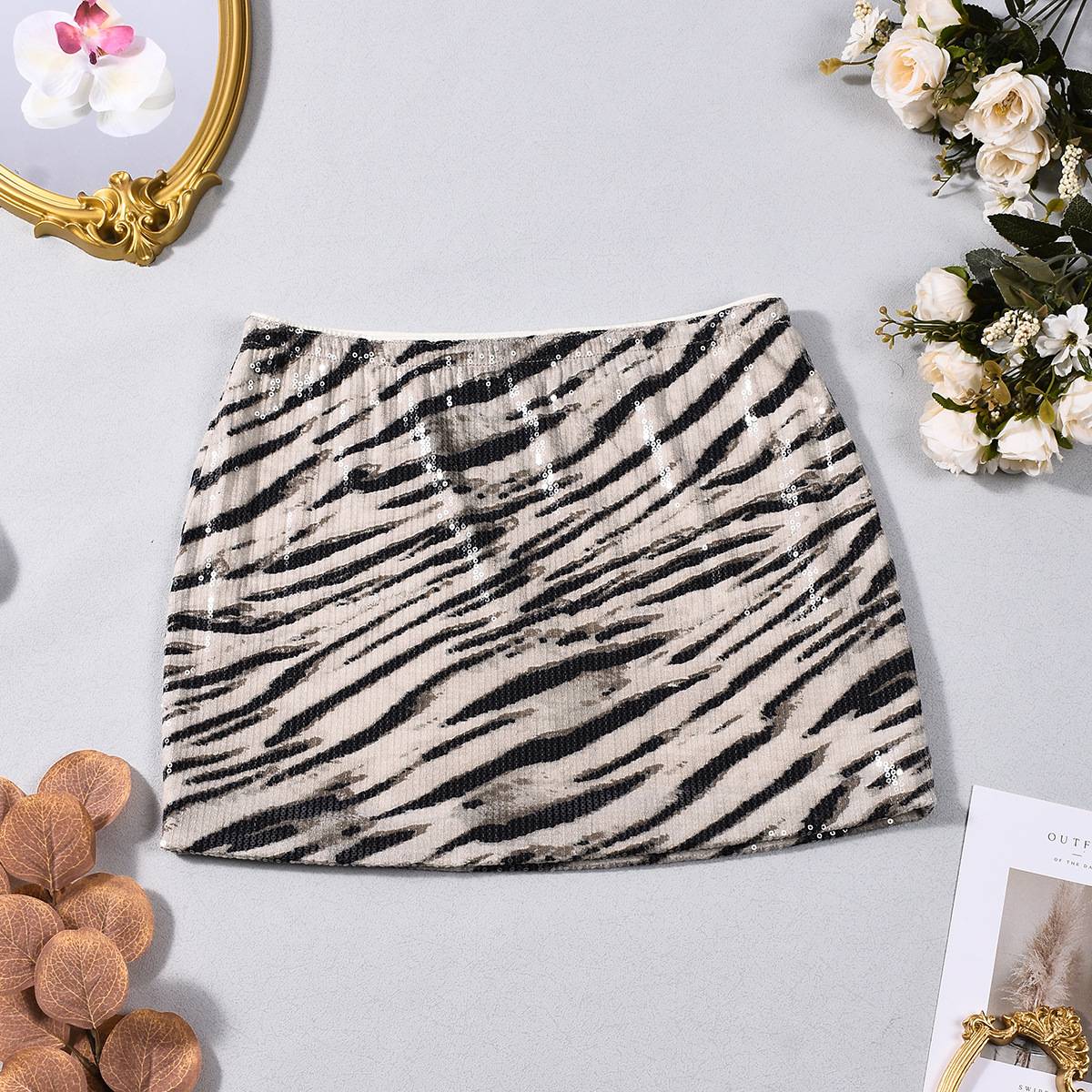 Gtpdpllt Sexy Sequin Zebra Print Sequin Skirts Low Waist Casual Summer Hottie Short Women's Skirt Clubwear Christmas Bodycon