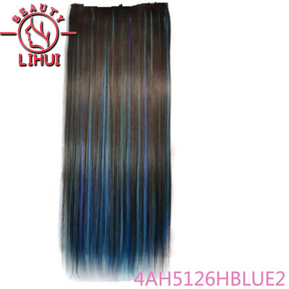 Extensões de cabelo sintéticas com clipe, longas e lisas, com 5 clipes em uma única peça, extensões de cabelo multicoloridas LIHUI
