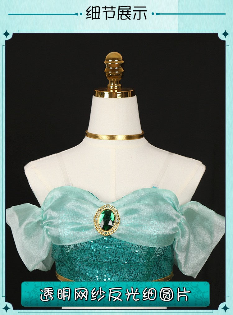 Aladdin Princess Jasmine Cosplay Costume Adult Green Sequined Off Shoulder Top Pants Skirt Set Halloween Party Dress
