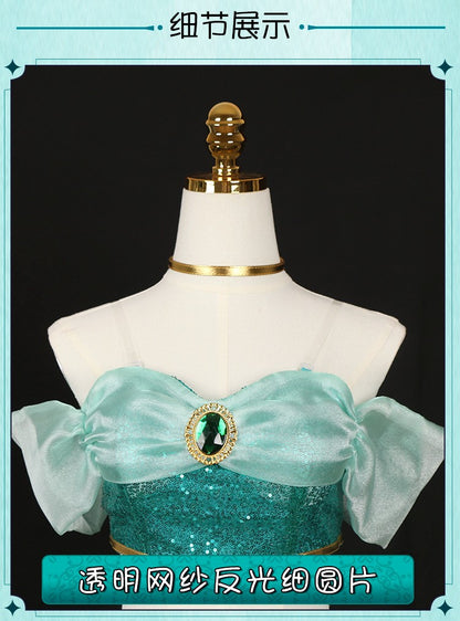 Aladdin Princess Jasmine Cosplay Costume Adult Green Sequined Off Shoulder Top Pants Skirt Set Halloween Party Dress