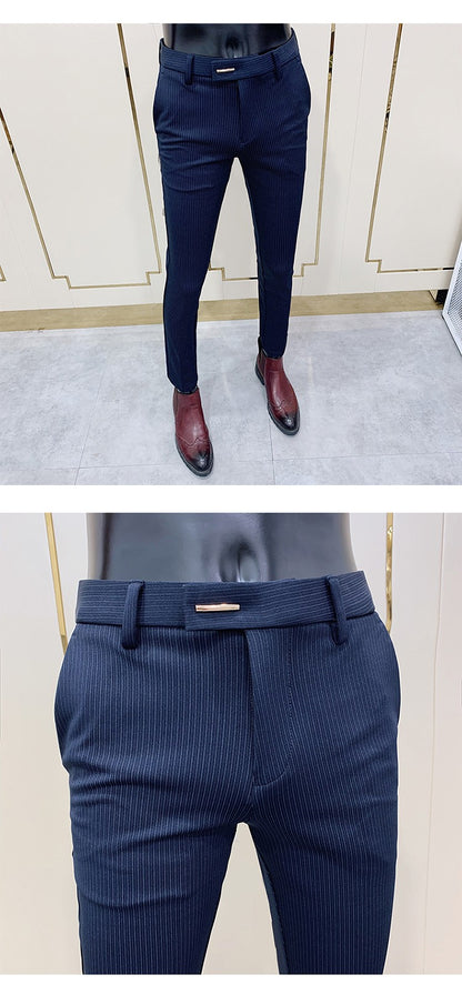 Calça Social Listrada Masculina Slim Fit com Tornozelo Justo Calça Social Masculina para Escritório e Festa Calça Social Masculina para Negócios Slim Fit