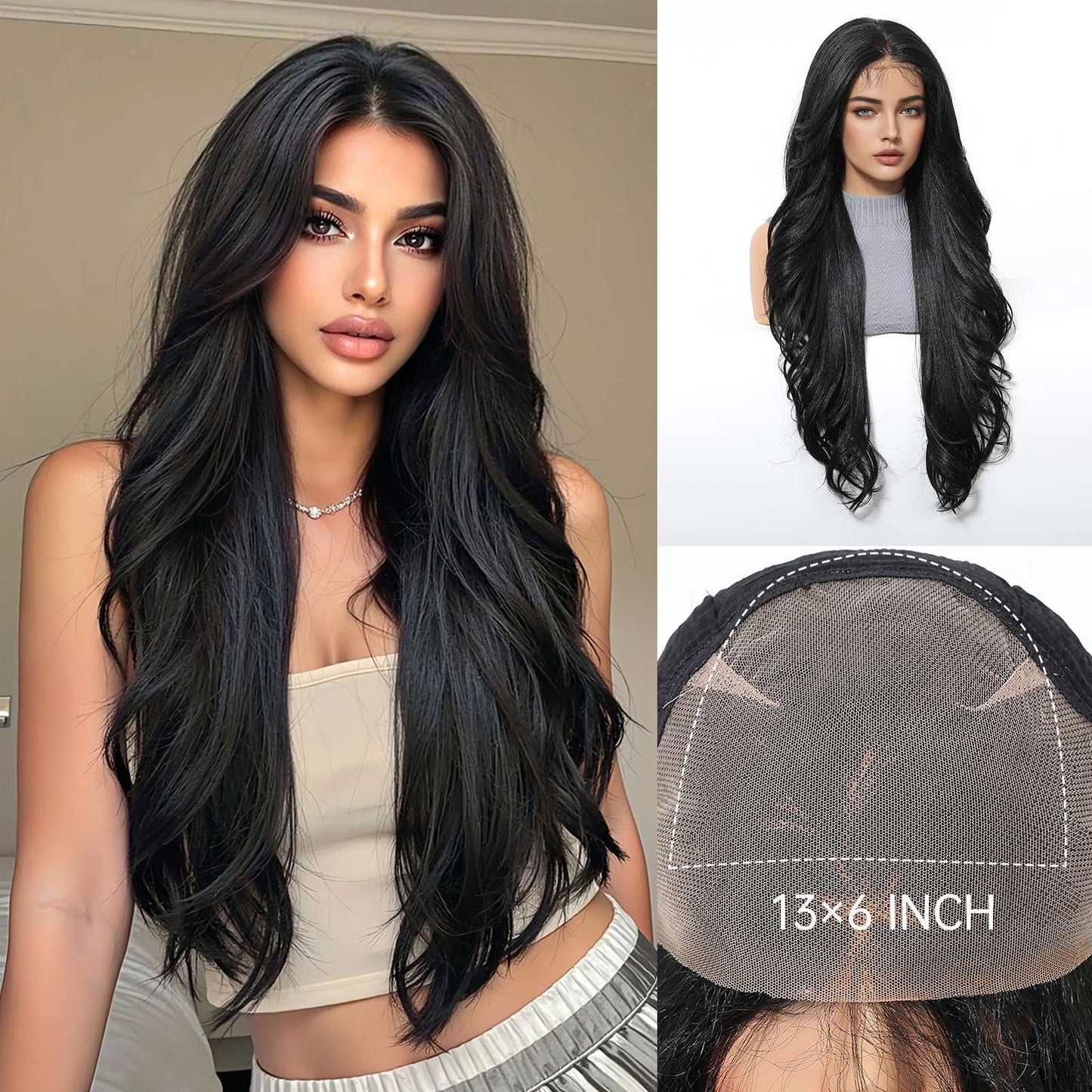 HENRY MARGU Peruca Sintética Lace Front 13x6 Peruca Longa Castanho Cinza Cabelo Ondulado Natural para Uso Diário Peruca de Fibra de Alta Temperatura