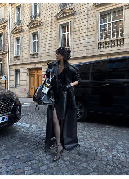 Lautaro Spring Autumn Extra Long Black Pu Leather Trench Coat for Women with Back High Slit Luxury Chic European Fashion 2024