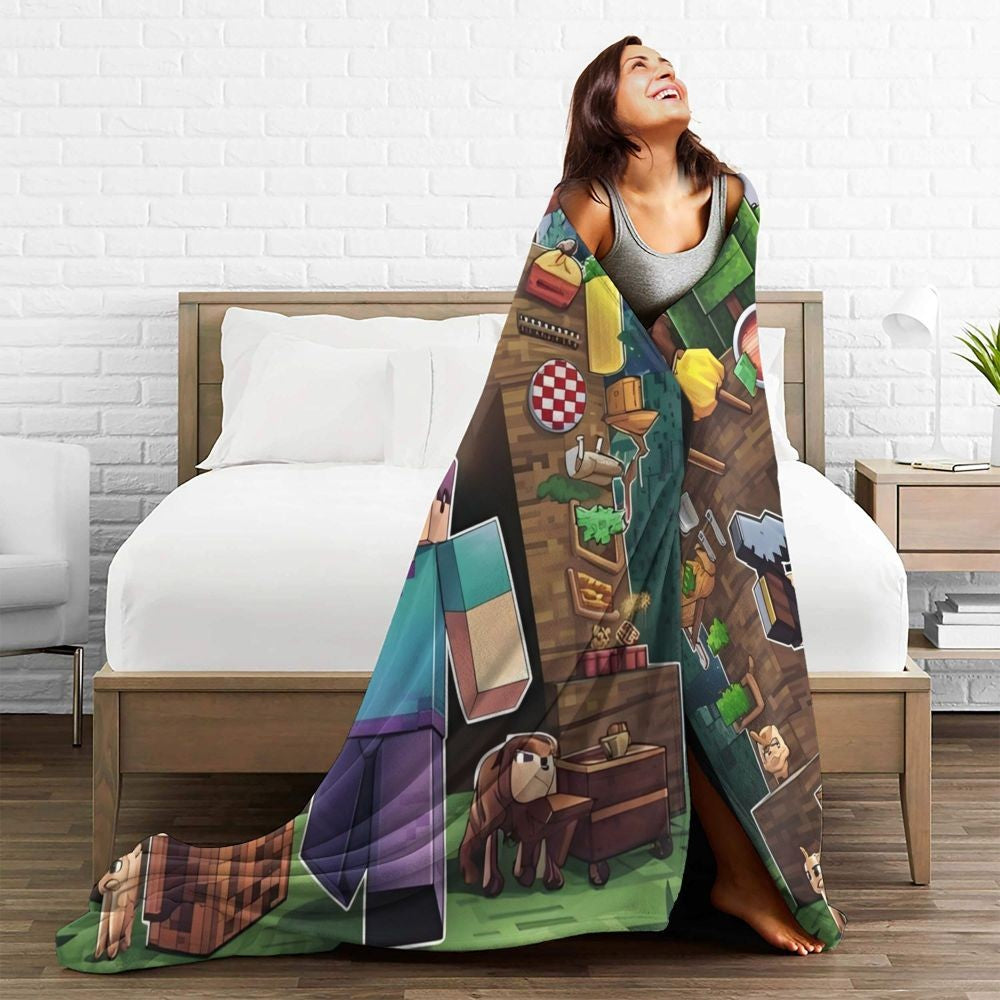 Cartoon Mines Pixel Game Crafts Flannel Blanket Super Warm Throw Blanket for Home Decor Decorative Street Trend Bedspread