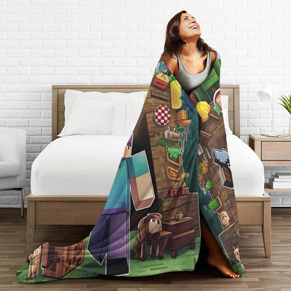 Cartoon Mines Pixel Game Crafts Flannel Blanket Super Warm Throw Blanket for Home Decor Decorative Street Trend Bedspread