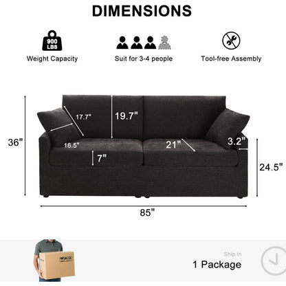 85" Chenille Sofa Couches for Living Room, 3 Seater Sofa with 2 Pillows, Modern Couches Tool-Free Setup, Comfy Oversized