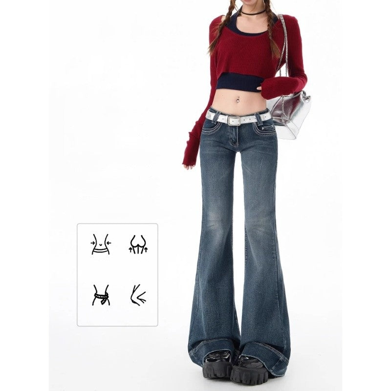 Vintage American-style hot girl low-waisted flare pants micro-flare jeans women's slim-fitting elastic Y2K casual wide-leg jeans