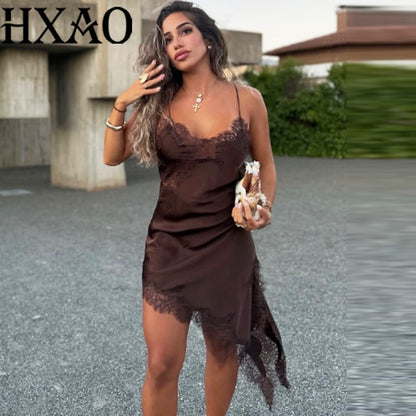 HXAO Female Lace Dress Sleeveless Slip Short Dresses Women Summer Asymmetric Elegant Night Dresses Backless Sexy Evening Dress