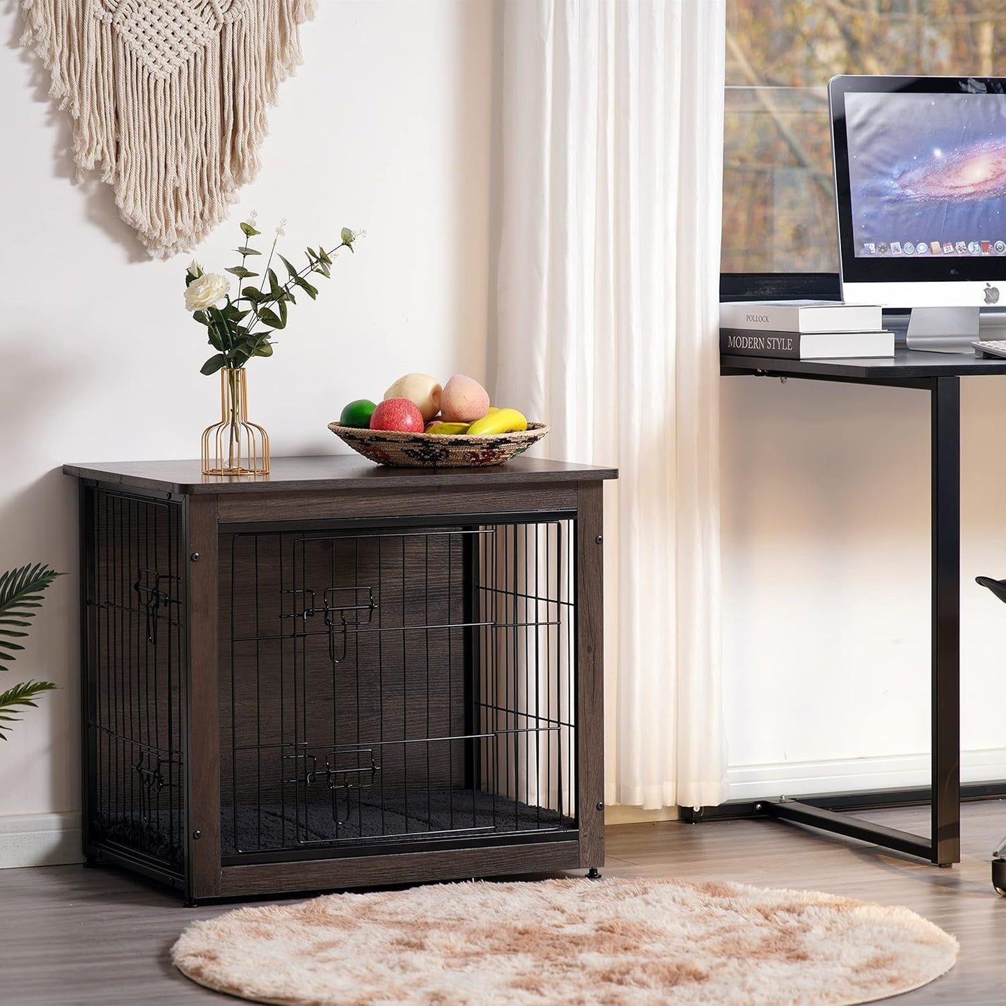 Móvel Canil para Cães com Almofada, Mesa Canil de Madeira, Portas Duplas, Casinha de Cachorro Interna, Pequeno a GG, 69,08 cm C, Cinza Escuro