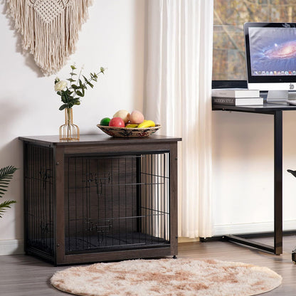 Móvel Canil para Cães com Almofada, Mesa Canil de Madeira, Portas Duplas, Casinha de Cachorro Interna, Pequeno a GG, 69,08 cm C, Cinza Escuro