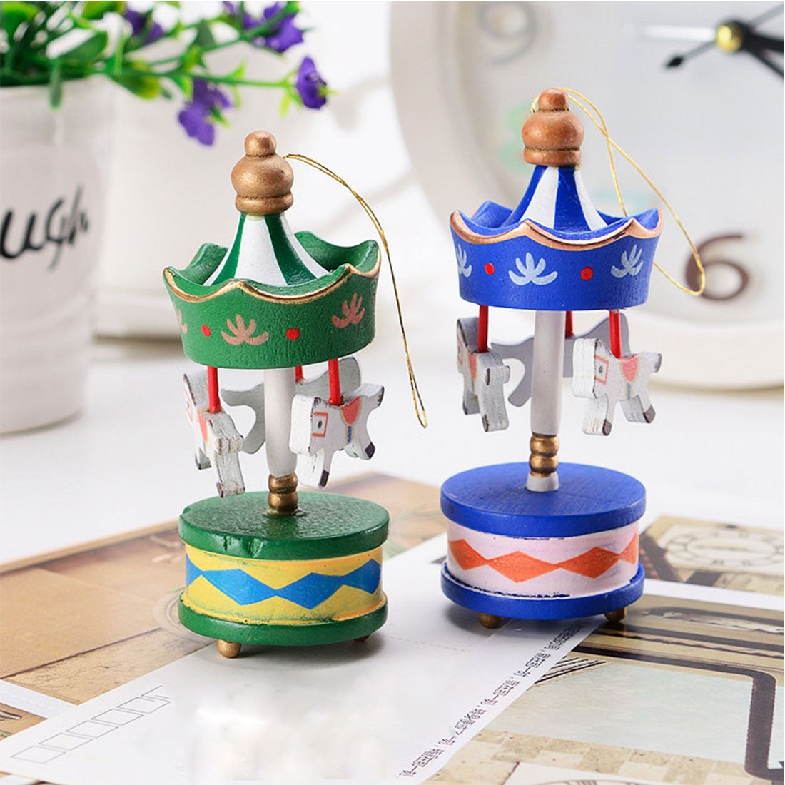 Christmas Wooden Carousel Horse Miniature Ornaments Christmas Tree Hanging Pendants New Year Gift Toy For Kid Home Party Decor
