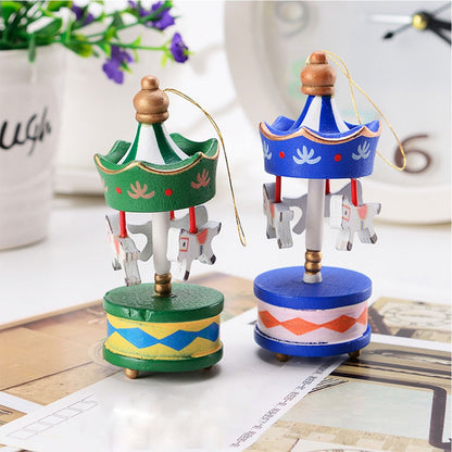 Christmas Wooden Carousel Horse Miniature Ornaments Christmas Tree Hanging Pendants New Year Gift Toy For Kid Home Party Decor