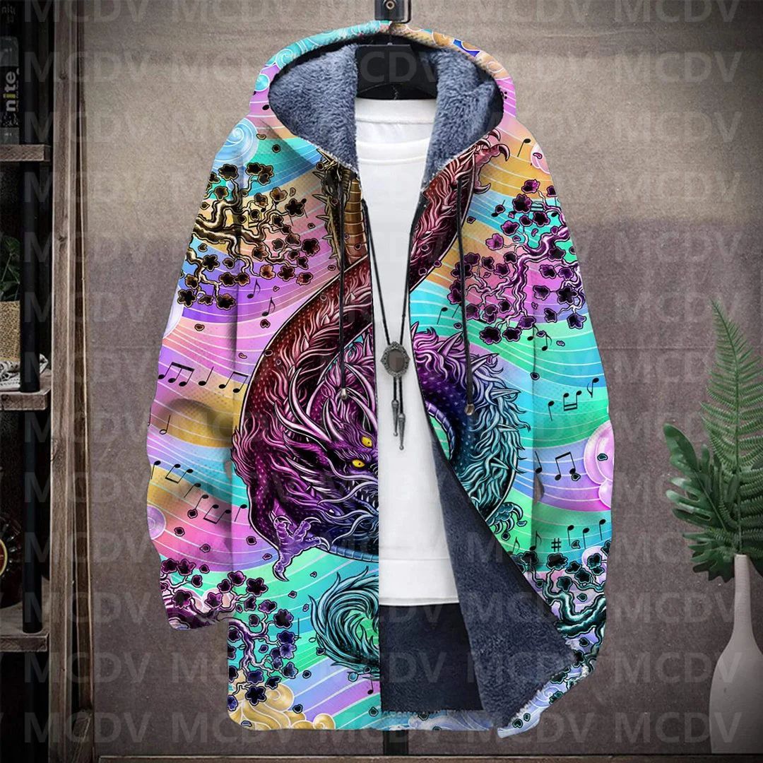 Men's Retro Print Plush Thick Long-Sleeved Coat Cardigan Dragon 3D Prined Fleece Hooded Overcoat Unisex Thick Warm Jacket