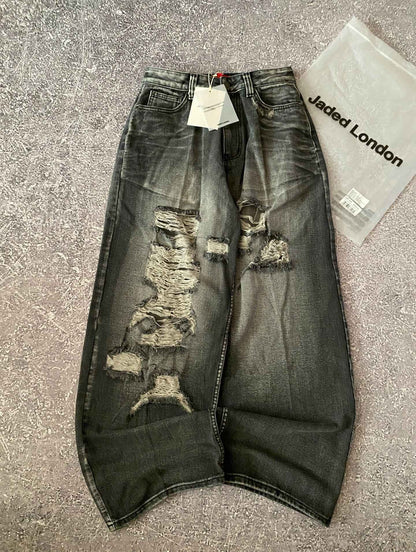 Jaede Lindon Wing Print Jeans Retro Gothic Trendy Loose Pants Oversized Washed Hip-hop Harajuku Pattern Couple Wide Pants